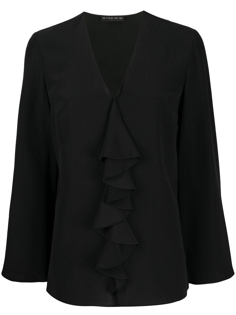 Blusa negra de seda con escote pico